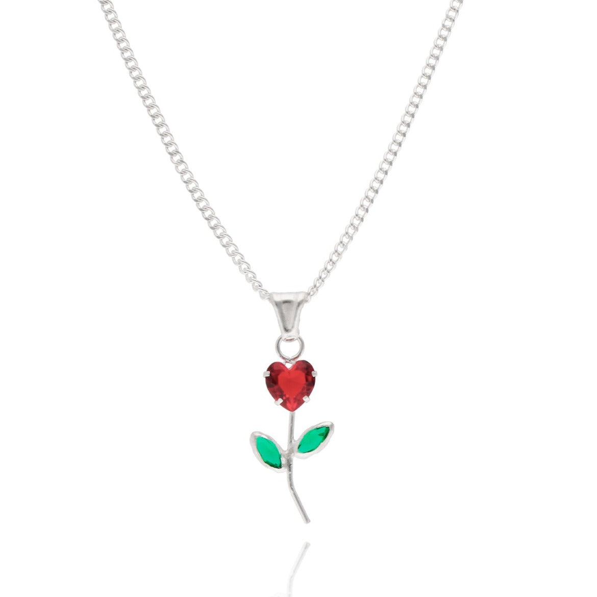 Rose Necklace in Silver with Red Zirconia  
