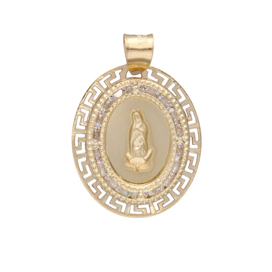 Virgin of Guadalupe charm with fretwork and white zircons in 10k yellow gold 2.6cm*1.7cm