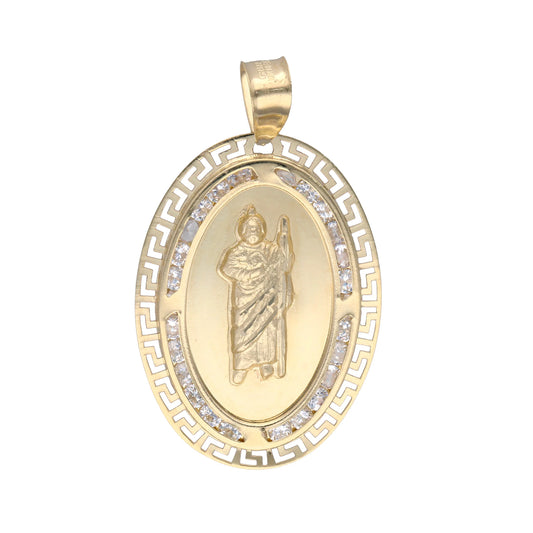 San judas tadeo charm with fretwork and white zircons in 10k yellow gold 3.8cm*2.3cm