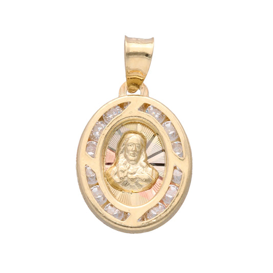 Sacred heart oval charm with white zircons in 10k yellow gold 1.8cm*1.cm