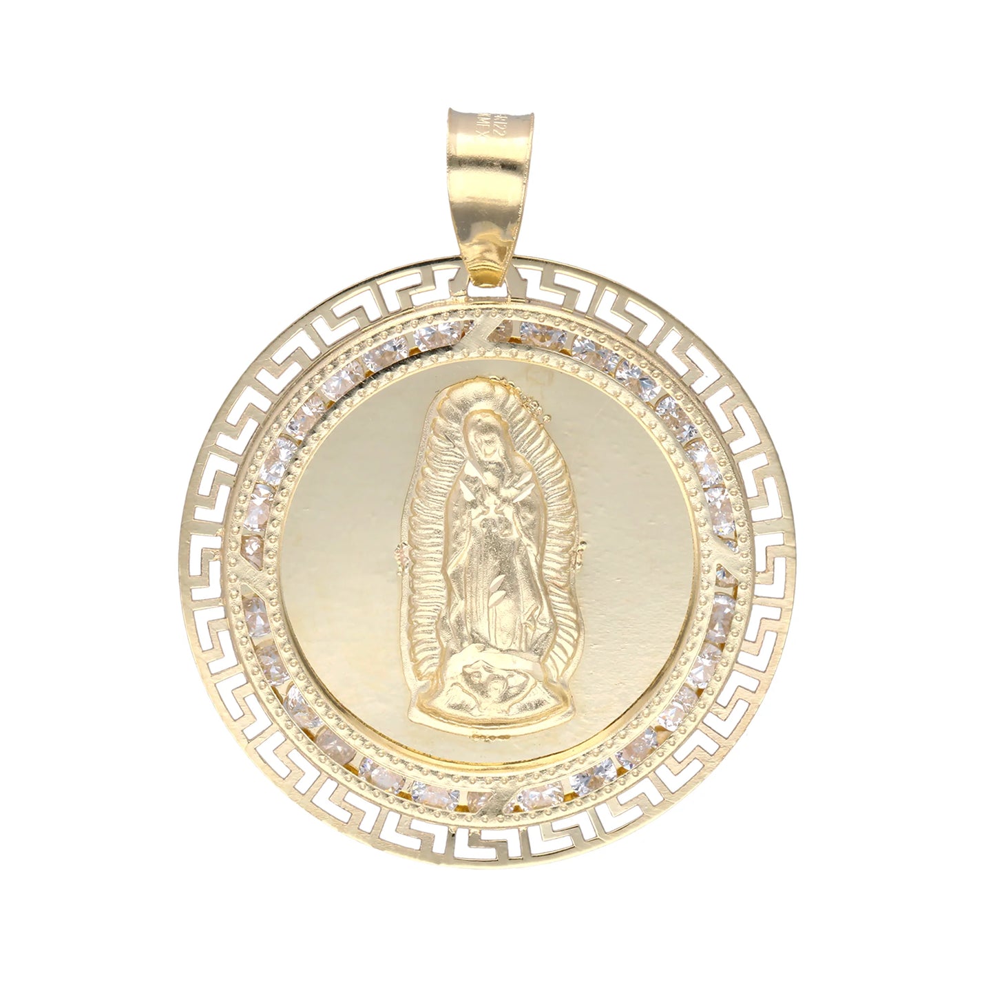 Dije de Virgen de Guadalupe con grecas con circonias en oro amarillo 10k 3.5*2.9cm