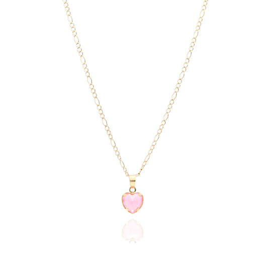 Collar de corazón con circonia rosa en oro amarillo 10k 1.5cm*8mm (Tamaño Cadena: 50cm)