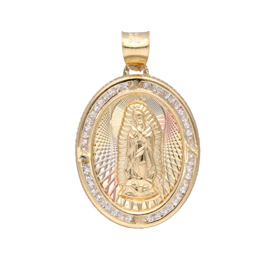 Dije de la Virgen de Guadalupe con relieve y circonias blancas en oro florentino 10k 2.7cm*1.7cm