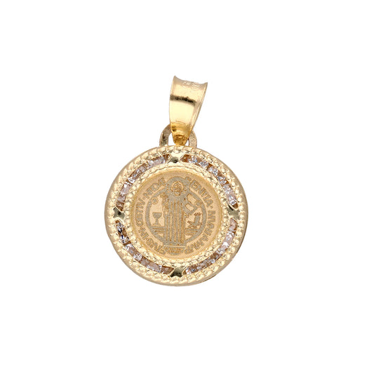 Saint Benedict charm highlighted on both sides with white zircons in 10k yellow gold 1.1cm